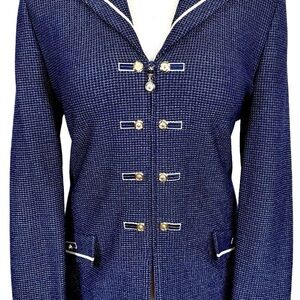 St John Knit Long Jacket Navy white zip gold logo buttons size 14